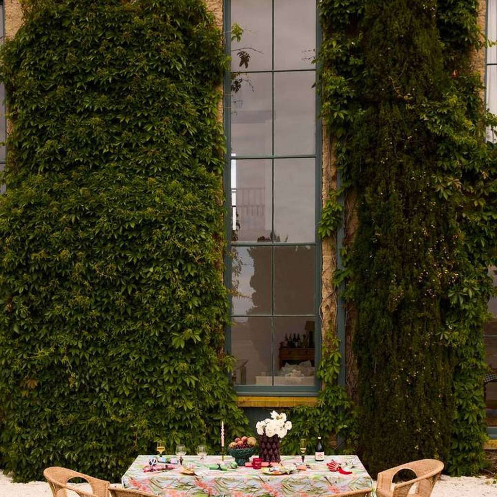 Garden dining table set against an ivy wall