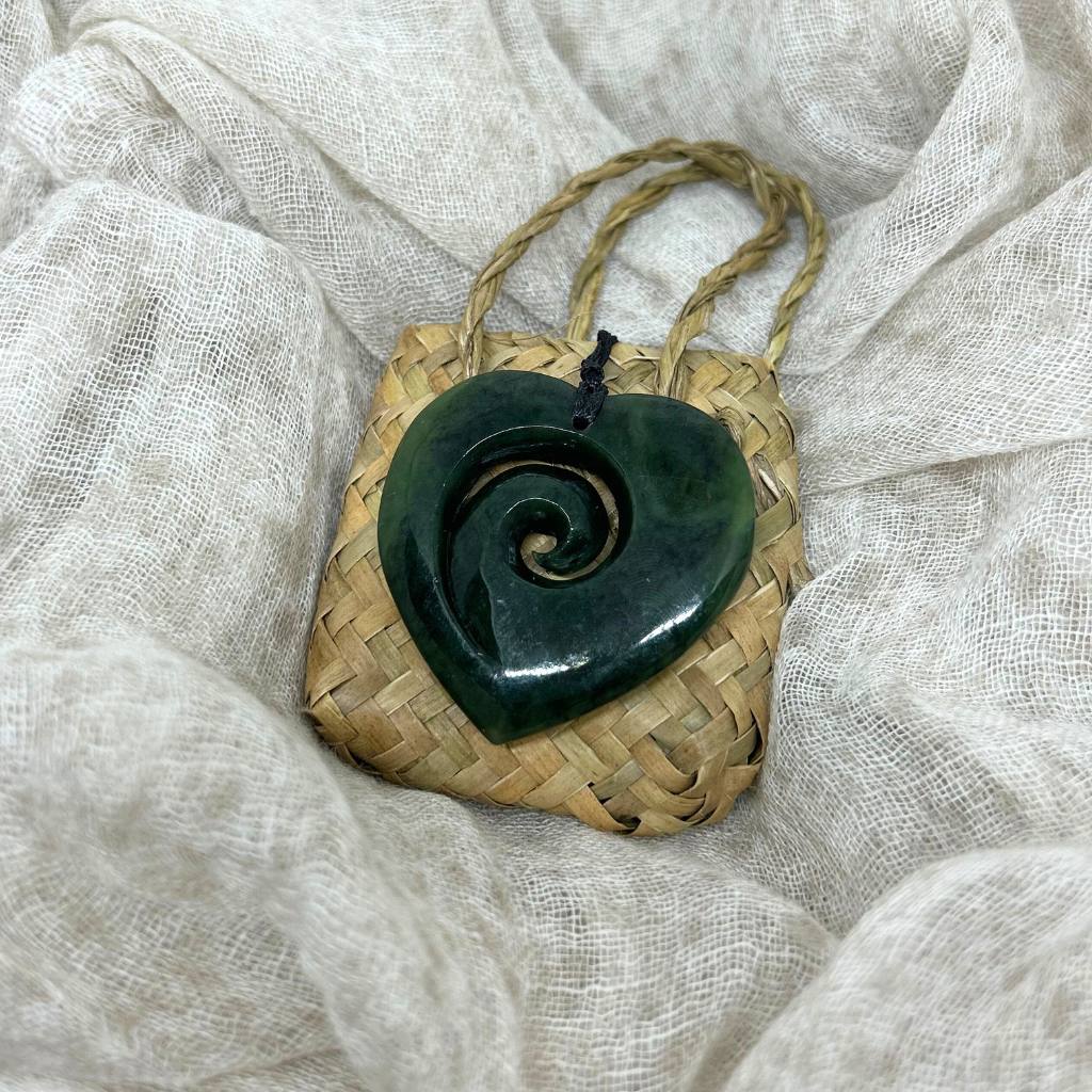 NZ Greenstone Heart Koru Pendant