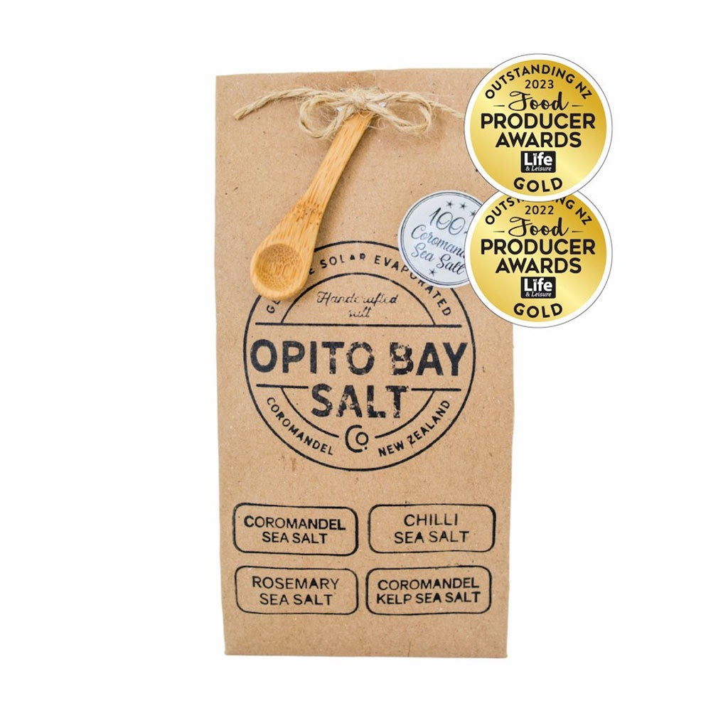Opito Bay sea salts: 4 flavors, 160g total, includes a charming salt spoon.
