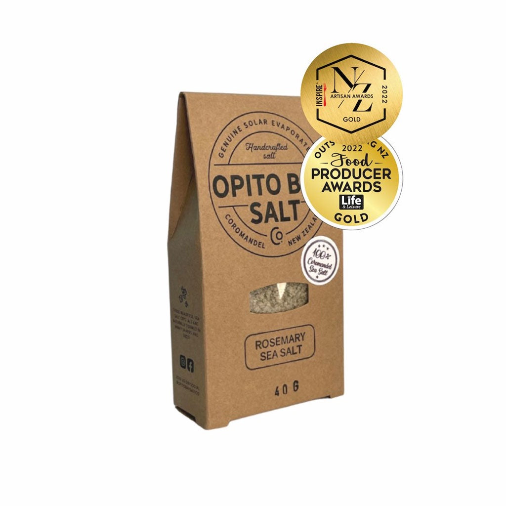 <p>Experience Opito Bay's award-winning flavors at Cove! A must-visit gem.</p>
<p>Our blend: local rosemary & sea salt for a delightful aroma & flavor.</p>
<p>Perfect on pasta, pizza, lamb, potatoes, apples, peaches, & cream cheese.</p>
<p>Ingredients: Opito Bay Sea Salt, local rosemary</p>