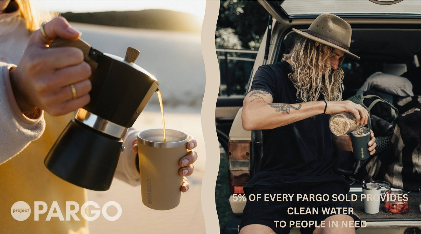 Person pouring coffee from a Pargo insulated cup into another cup, with a car in the background.