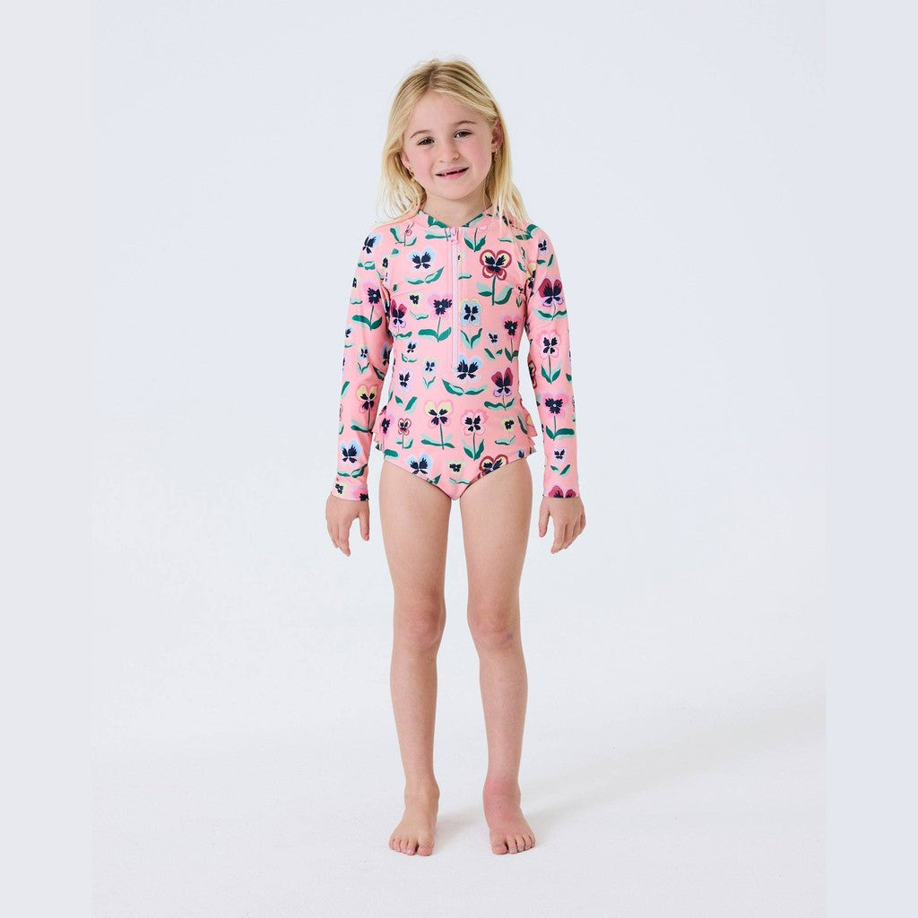 Child wearing Pretty Pansy long sleeve bathers, front view