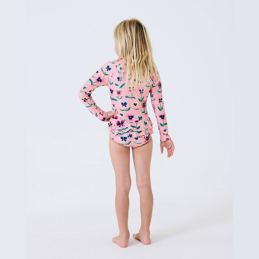 Child wearing Pretty Pansy long sleeve bathers, back view