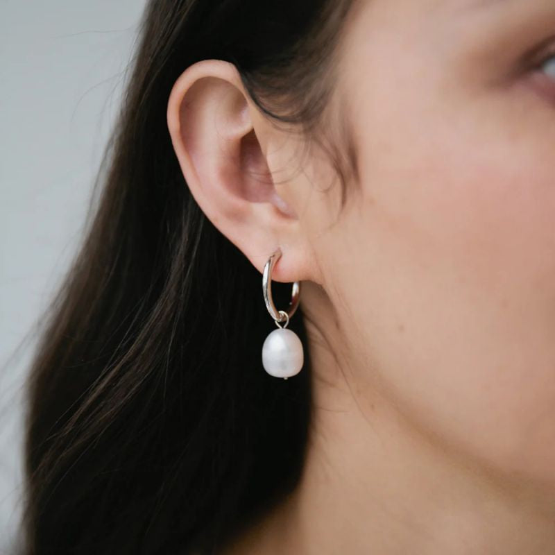 SOPHIE | Pearl Hoop Huggies - Silver
