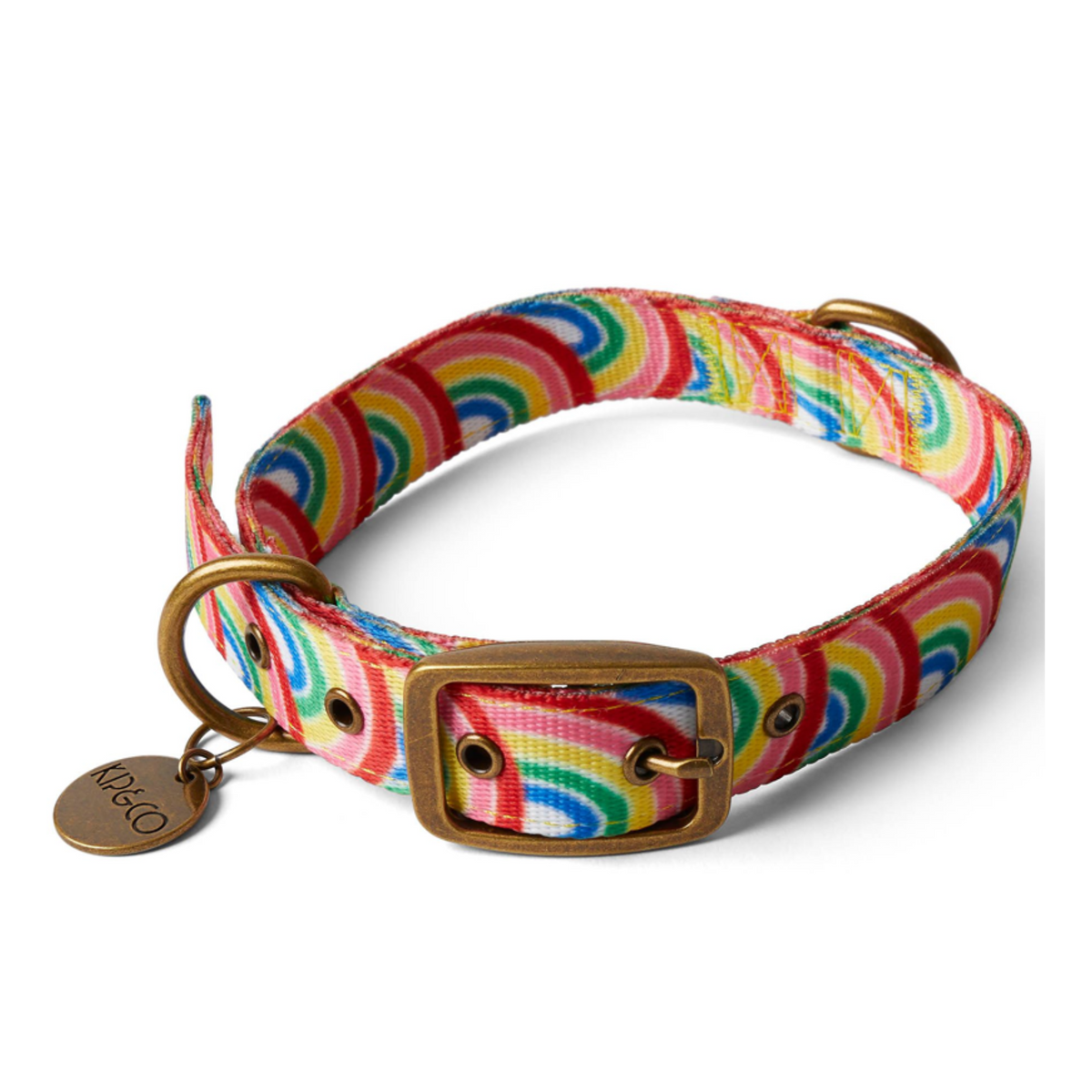 Shop Kip &amp; Co Rainbow Spray dog collars at Cove Beach Essentials. Perfect fit for your furry friend! The collars feature a vibrant rainbow design, adding a splash of color to your pet&#39;s look.