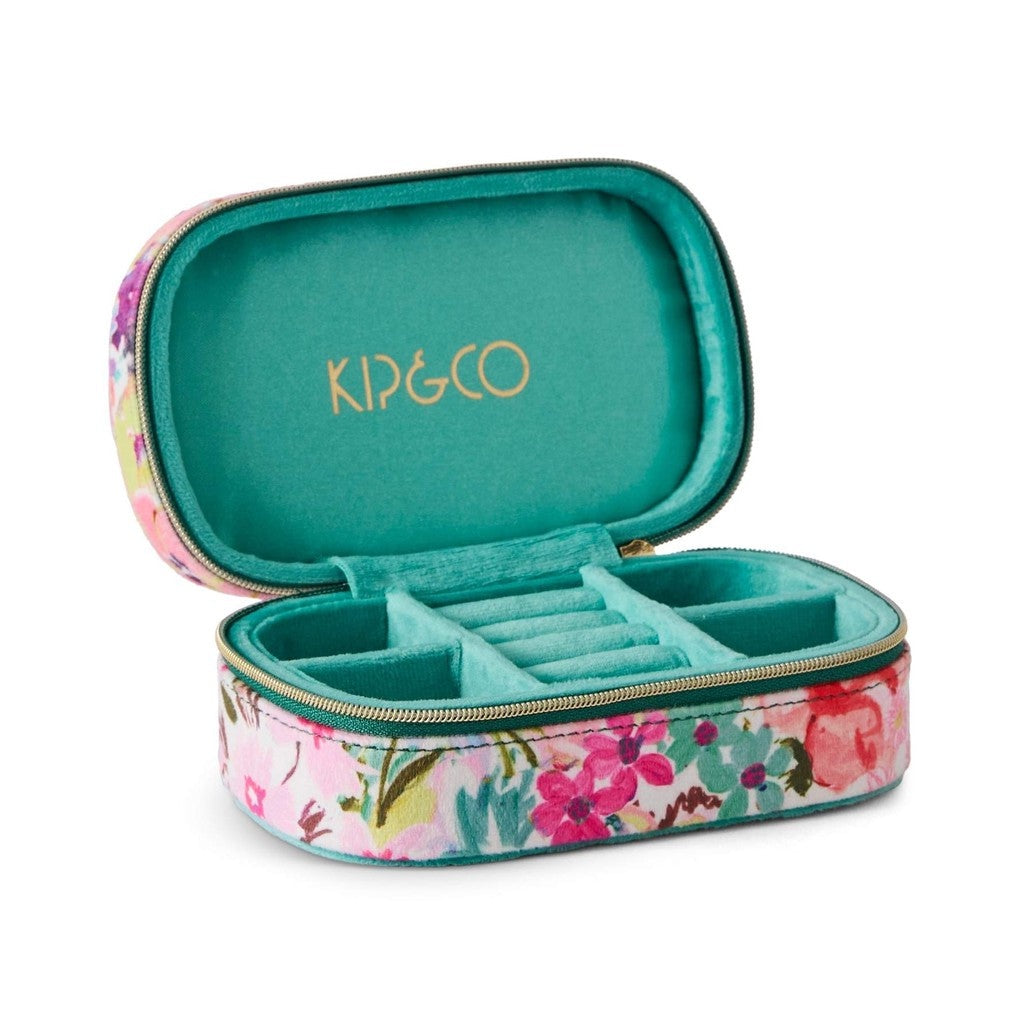 Kip & Co Alfresco travel velvet jewellery box, open to show teal lining and compartments