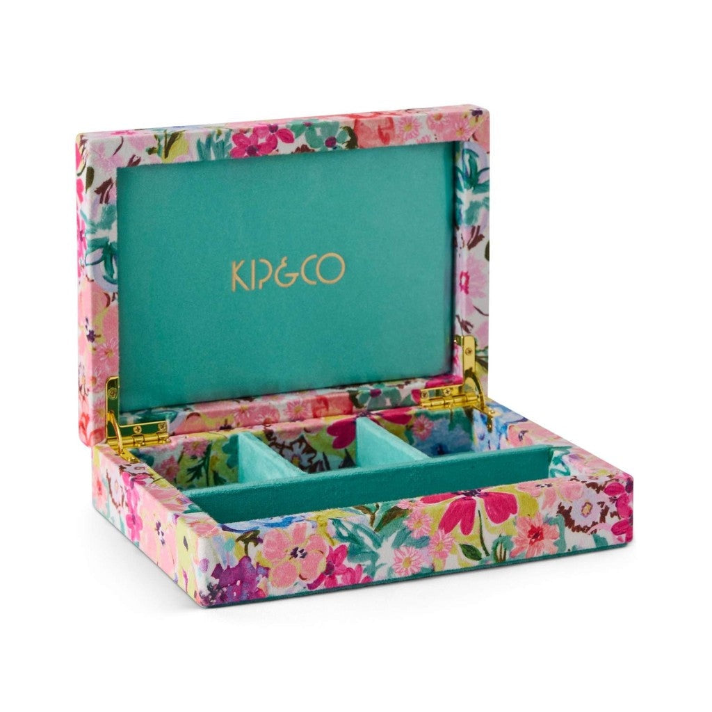 Kip & Co Alfresco small velvet jewellery box, open with teal compartments and ring rolls