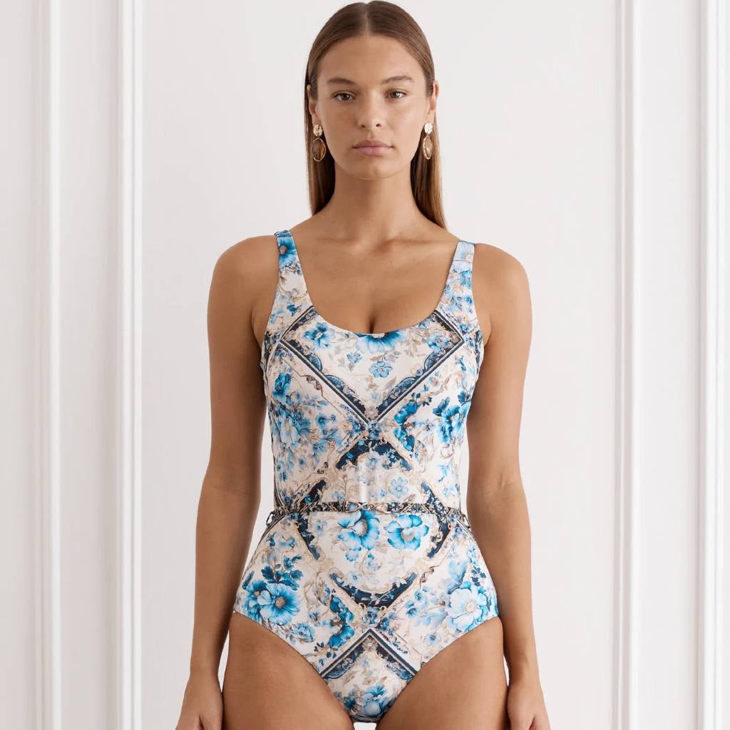 Aqua Blue | Nicola DD/E Cup One Piece White Floral - Cove. Beach Essentials