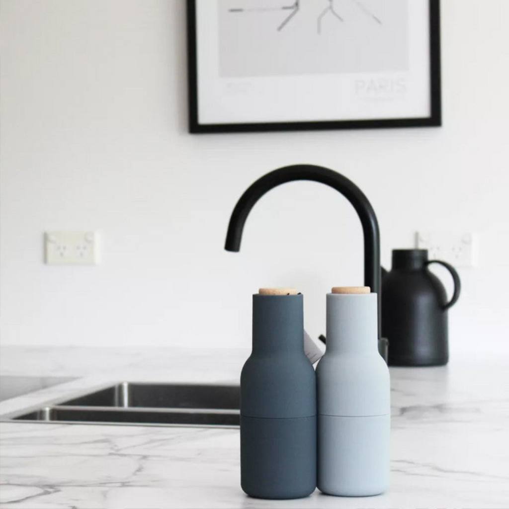 Audo Salt & Pepper Bottle Grinder - Cool Grey w. Beech Lid, 2 Pack - Cove. Beach Essentials