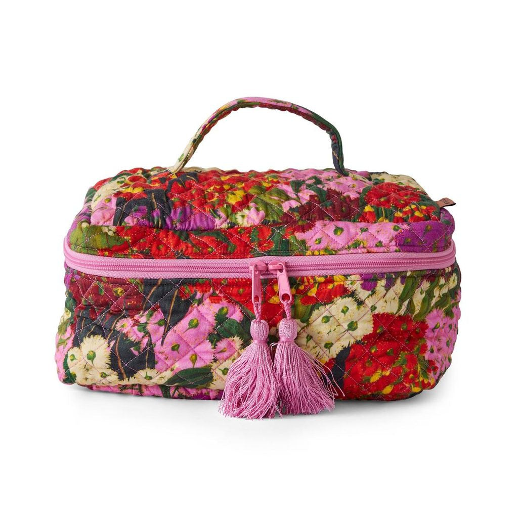 Kip & Co Australian Bush Blossom quilted toiletry case with handle and pink tassels