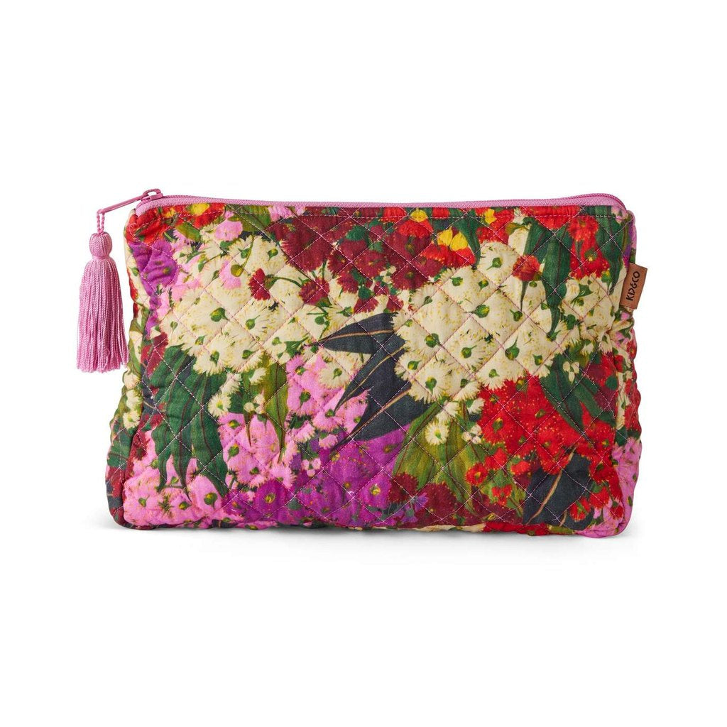 Kip & Co Australian Bush Blossom quilted cotton toiletry purse with pink tassel zip