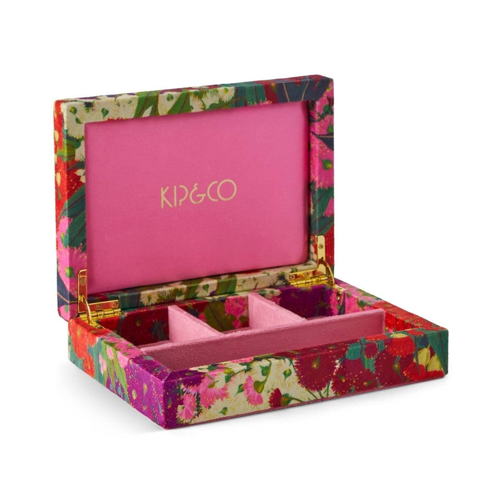 Kip &amp; Co Australian Bush Blossom small velvet jewellery box, open with hot pink interior