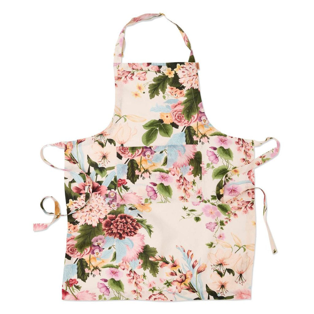 Kip & Co Belle Floral apron, cream with pink roses and green leaves