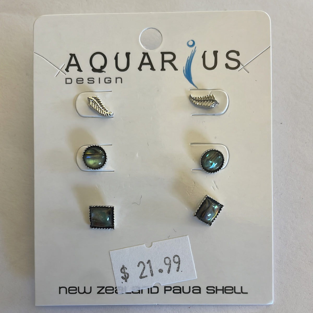 Aquarius Natural Paua Circle Square and Metal Fern 3 Set Earring