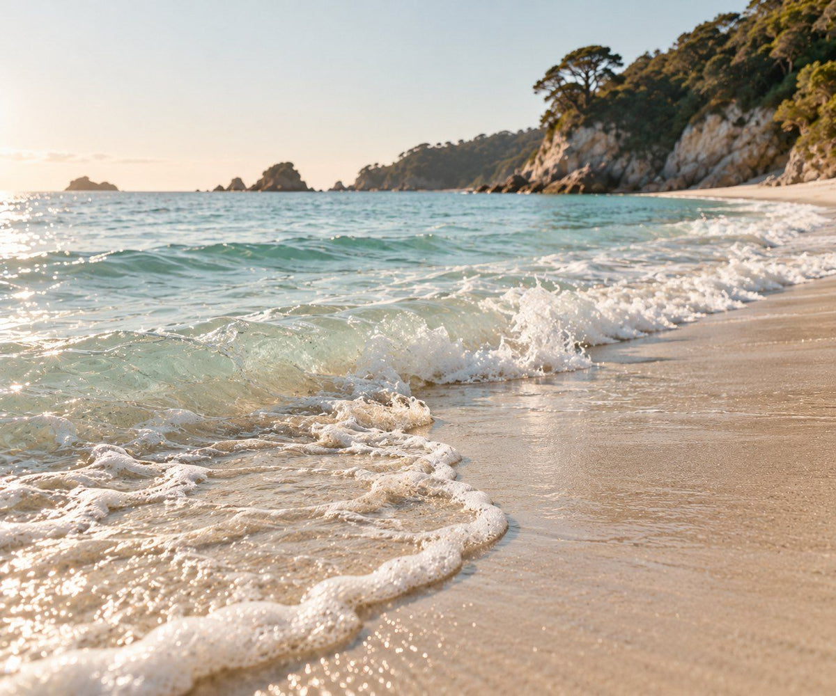 Small waves washing onto a sandy beach below a bush-covered headland