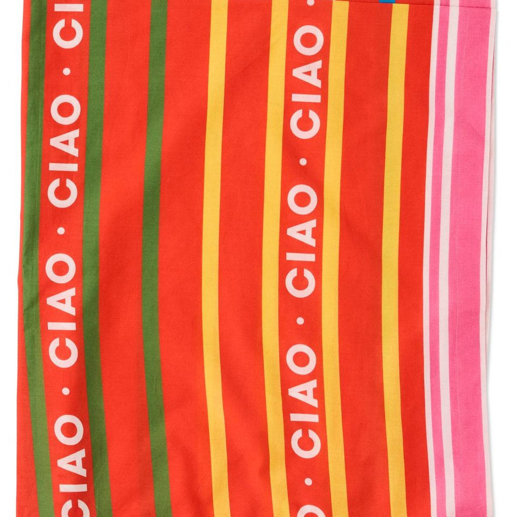 Kip & Co Ciao Stripe organic cotton sarong in red, orange, green and pink stripes