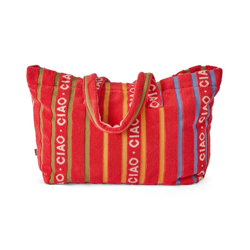 Kip & Co Ciao Stripe oversized terry beach bag in red and orange stripe