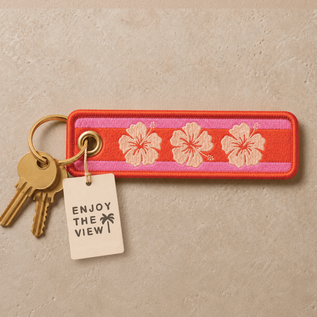 Enjoy The View | Hibiscus Embroidered Keychain | Coastal Key Fob | Retro surf - Cove. Beach Essentials