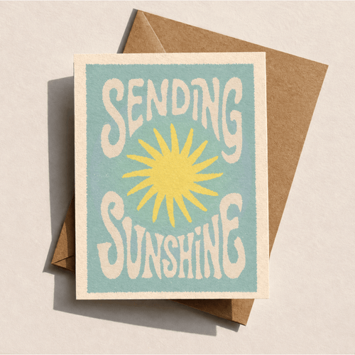 Sending Sunshine thinking of you card by Enjoy The View with retro sun on coastal blue
