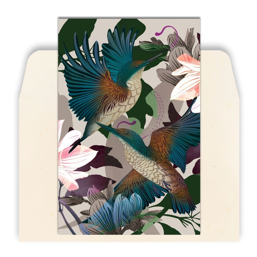 FLOX Kingfishers &amp; Floral greeting card front with envelope
