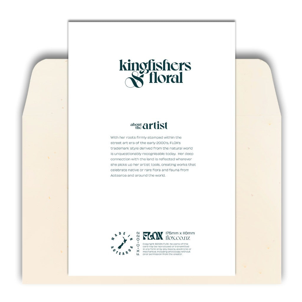 Back of the FLOX Kingfishers & Floral card with artist bio