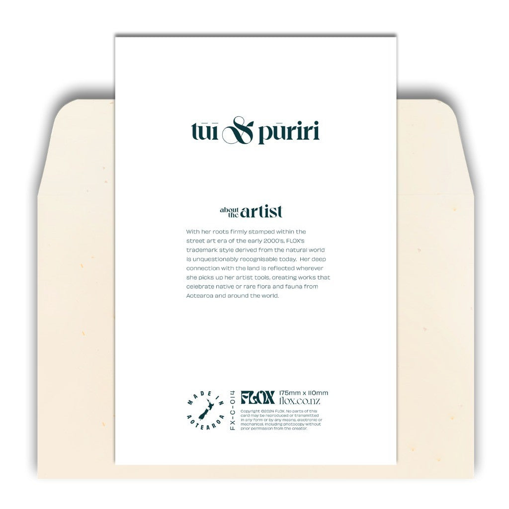 Back of the FLOX Tūī & Pūriri card with artist bio