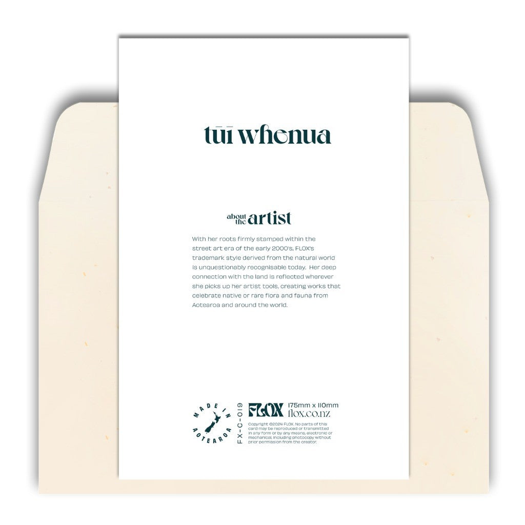 Back of the FLOX Tūī Whenua card with artist bio