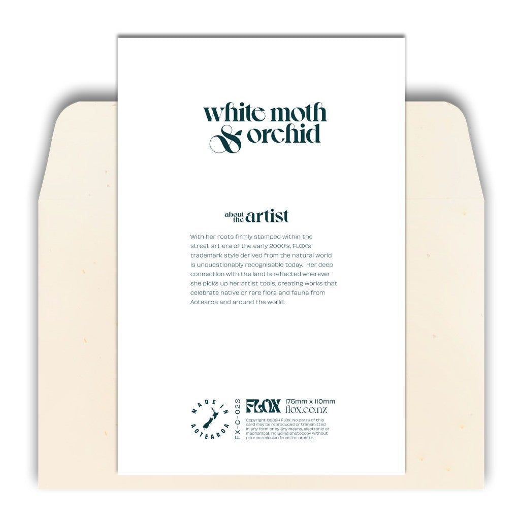 Back of the FLOX White Moth & Orchid card with artist bio