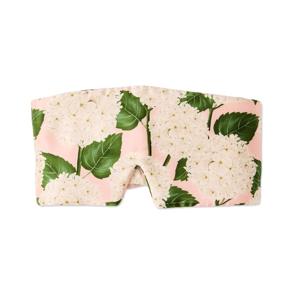 Kip & Co Hydrangea Pink block out silk eye mask with hydrangeas and green leaves