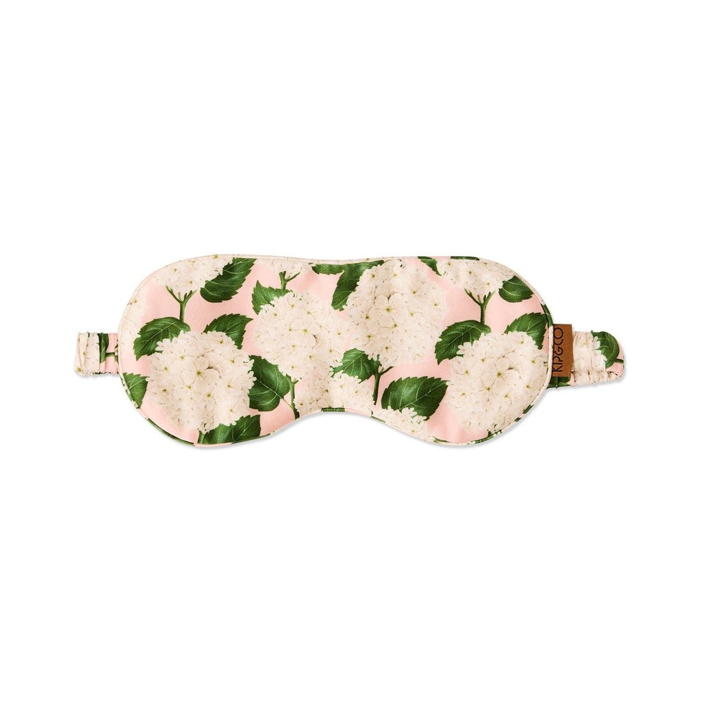 Kip & Co Hydrangea Pink silk eye mask with white hydrangeas and green leaves