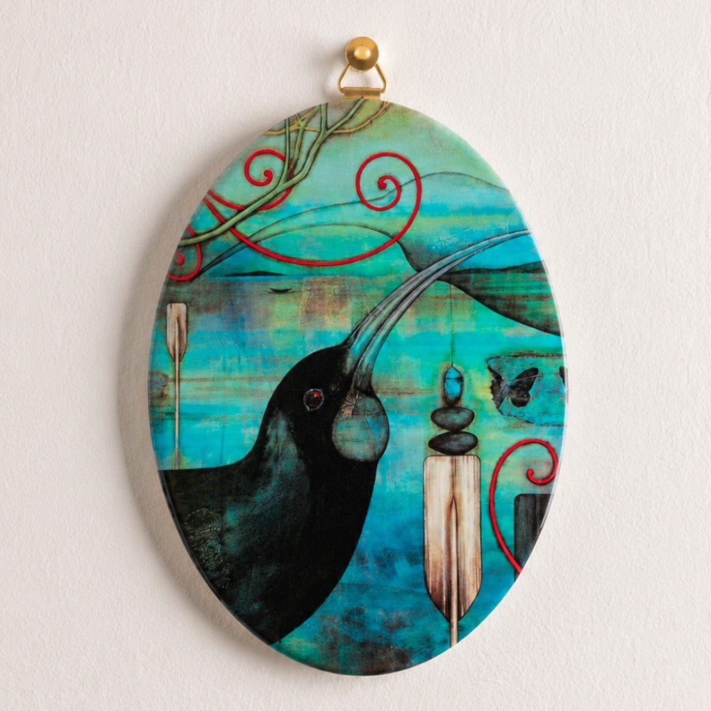 Kathryn Furniss Huia art tile hanging on a wall