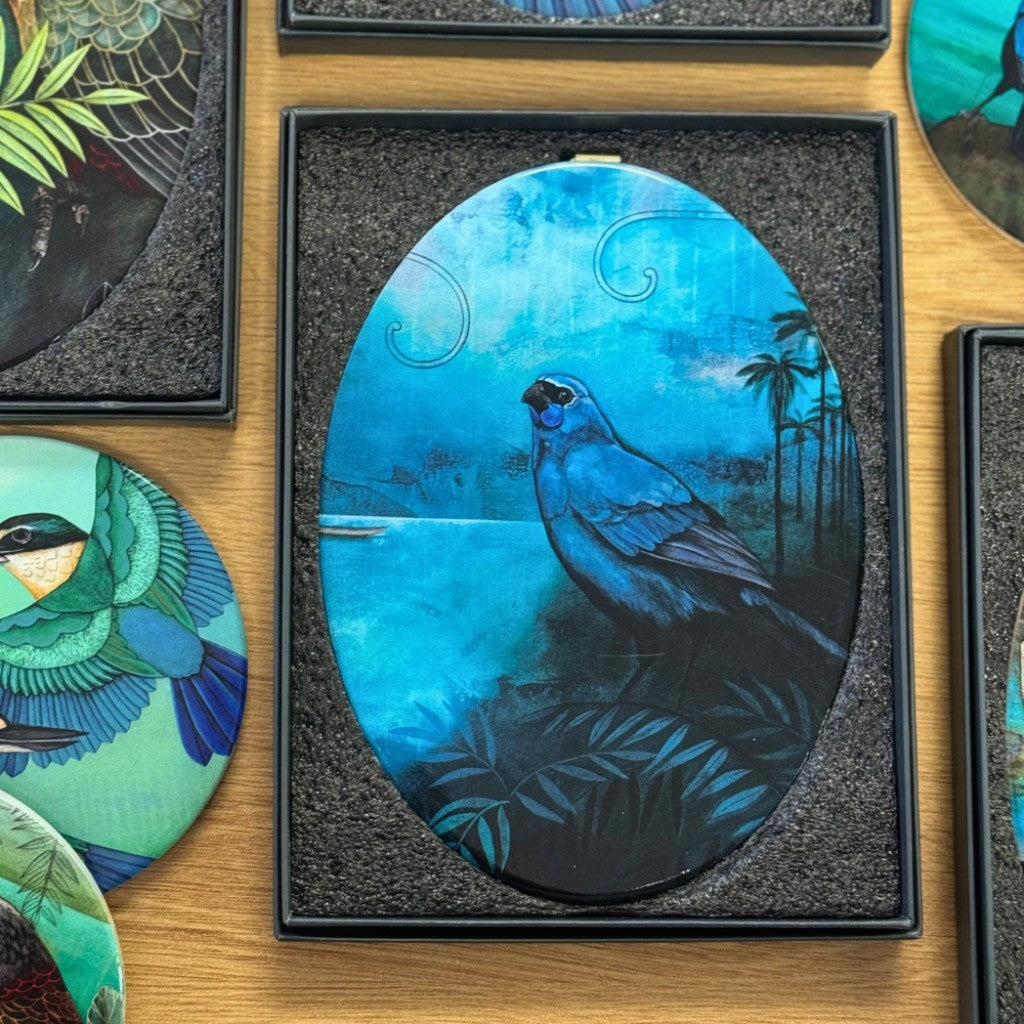 Kathryn Furniss Kōkako art tile in its gift box