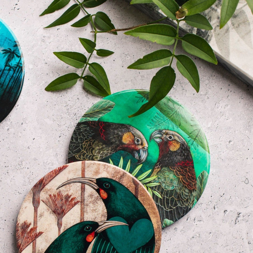 Kathryn Furniss Kākā coaster styled with other coasters