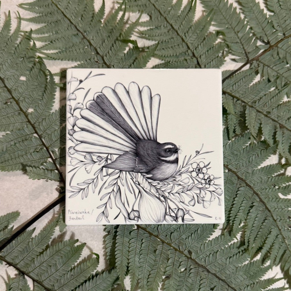 Katy Hayward Pīwakawaka fantail coaster on fern fronds