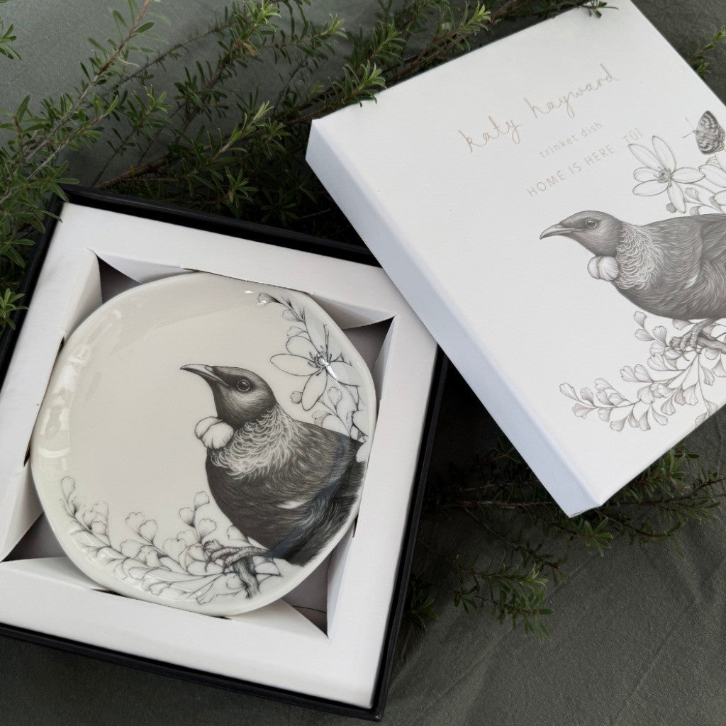 Katy Hayward tūī trinket dish in its gift box