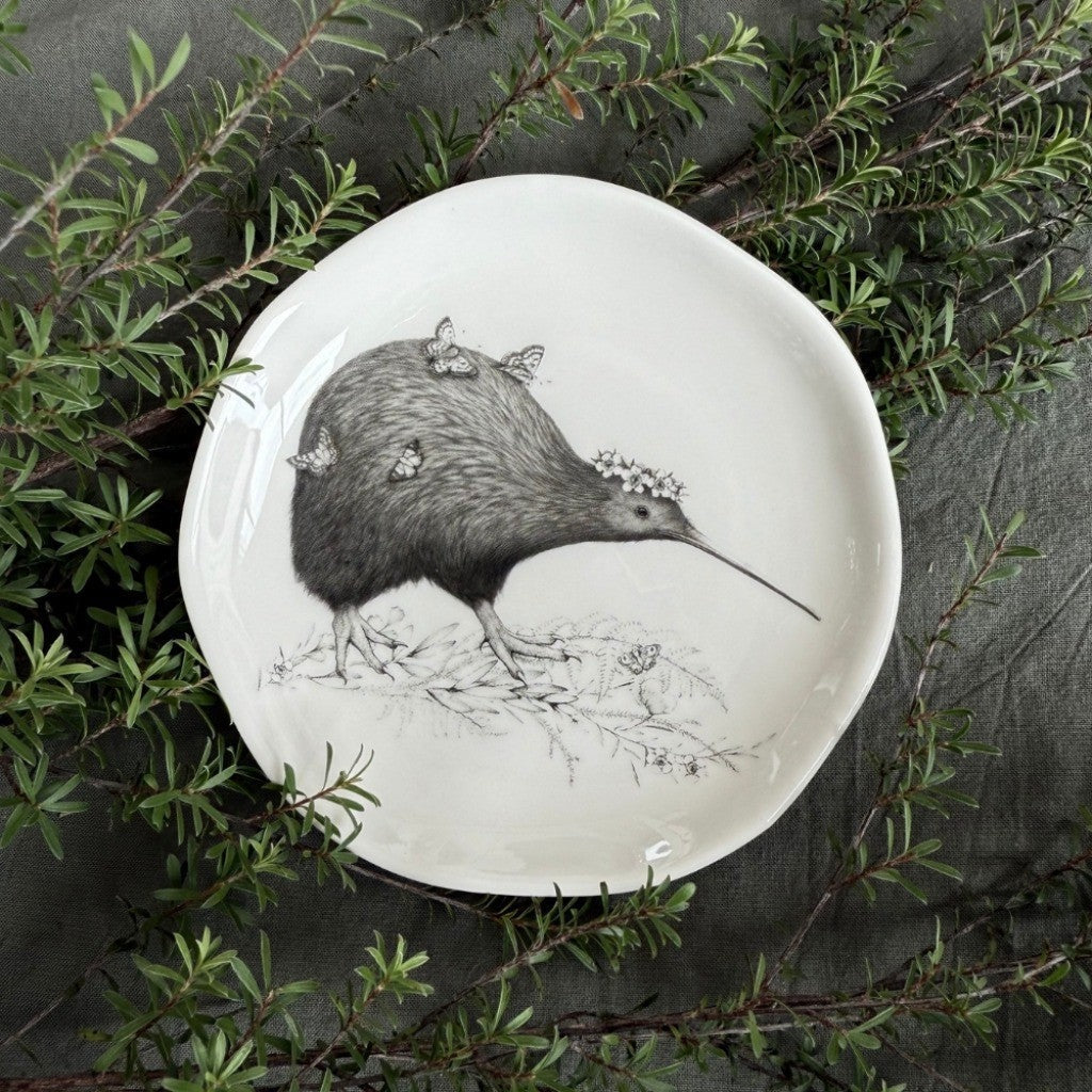 Katy Hayward Walking with Aroha kiwi trinket dish on mānuka
