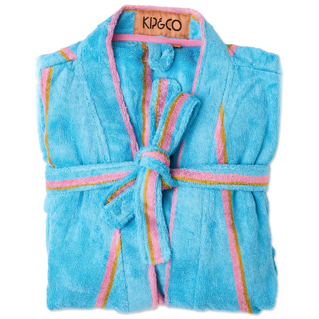Model wearing the Kip & Co Aegean Stripe Bamboo Terry Bath Robe, front view