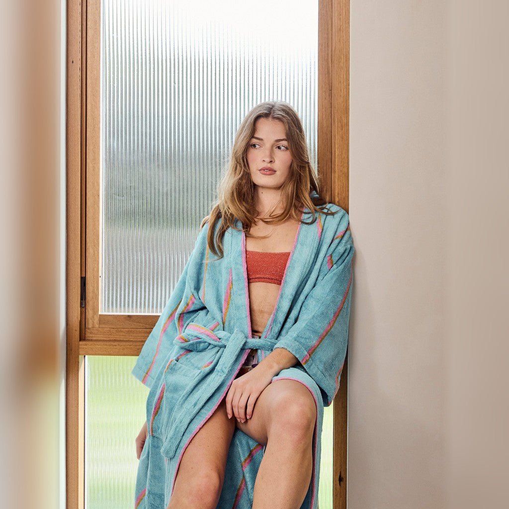 Kip & Co | Aegean Stripe Bamboo Terry Bath Robe - Cove. Beach Essentials