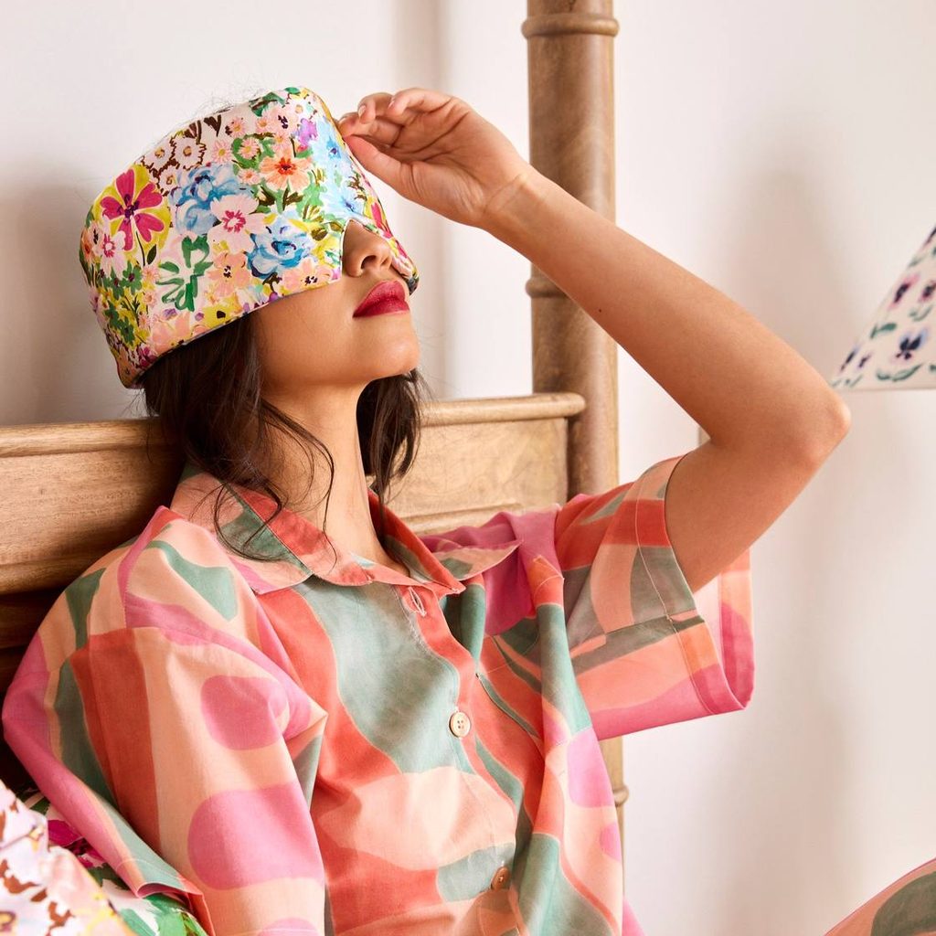 Kip & Co Alfresco block out silk eye mask in bright multicolour floral