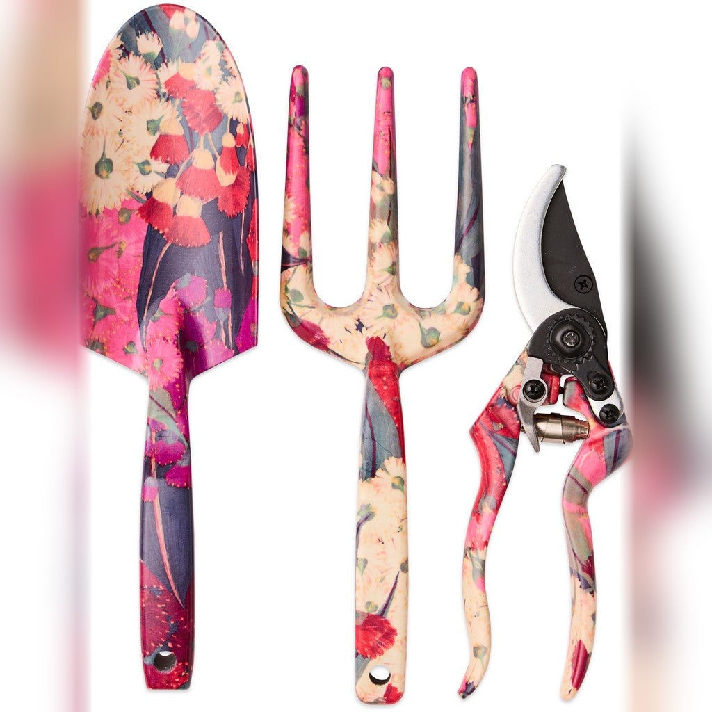 Kip & Co Australian Bush Blossom Garden Tools and Gloves Set on white
