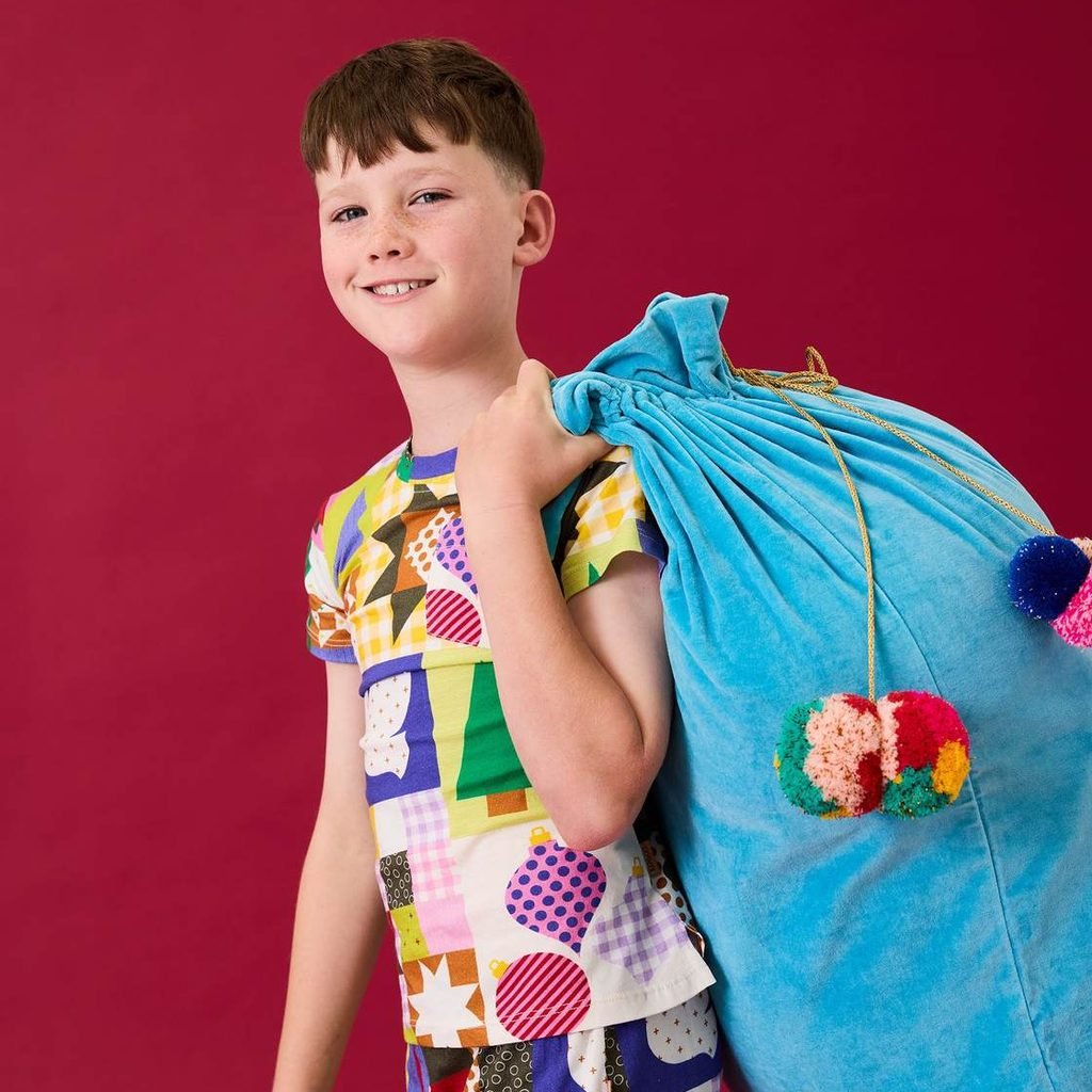 Kip & Co Blue Bells turquoise velvet Santa sack with drawstring and pompoms