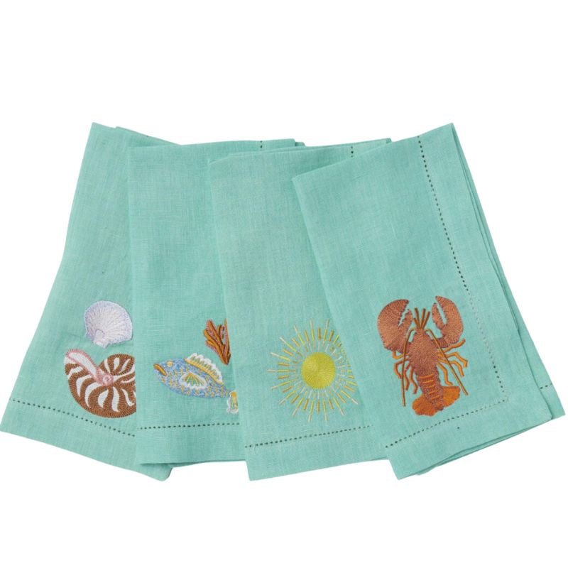 Kip & Co | Capri Embroidered Linen 4P Napkin Set - Cove. Beach Essentials