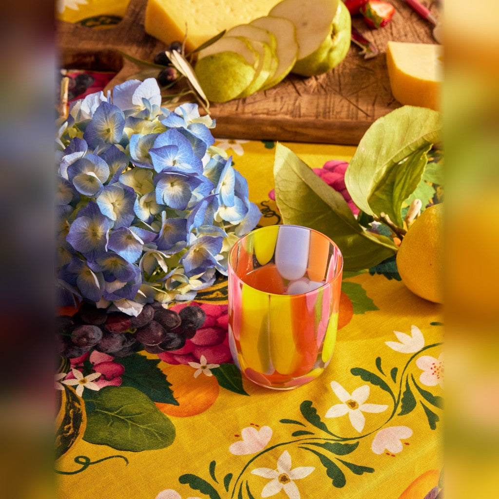 Festiva glass on a table with hydrangeas