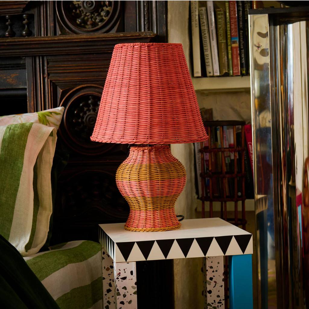 Kip & Co | Guava Stripe Le Parisian Rattan Lamp - Cove. Beach Essentials