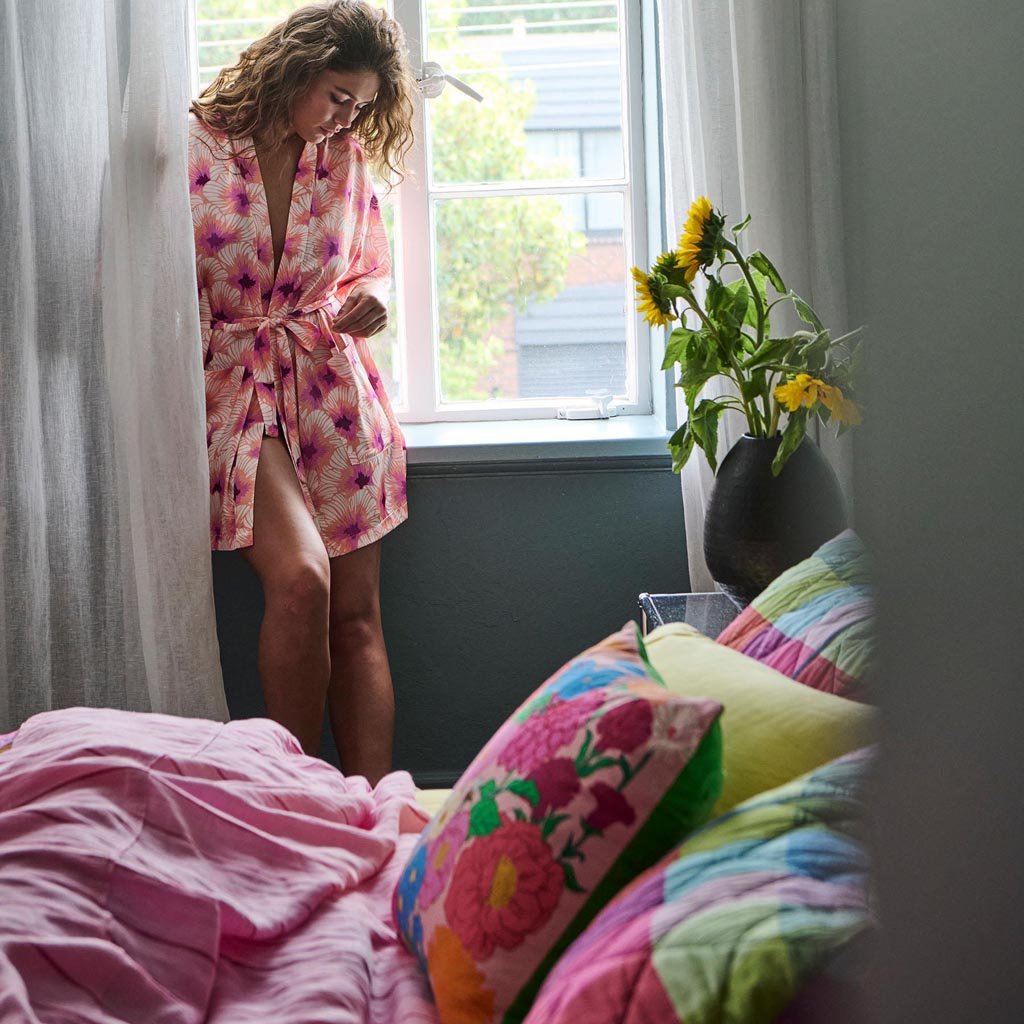 Kip & Co | Hibiscus Peach Eco Satin Robe - Cove. Beach Essentials