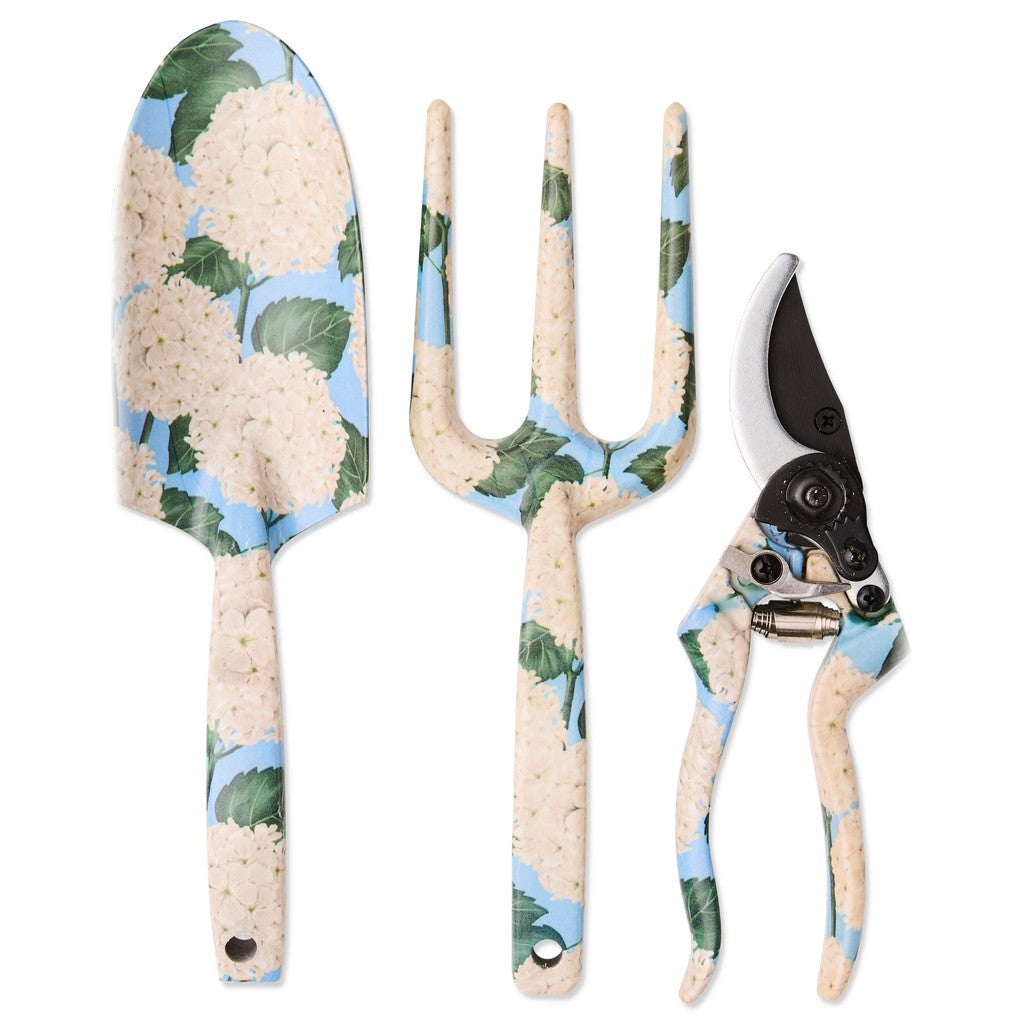 Kip &amp; Co Hydrangea Blue Garden Tools and Gloves Set on white