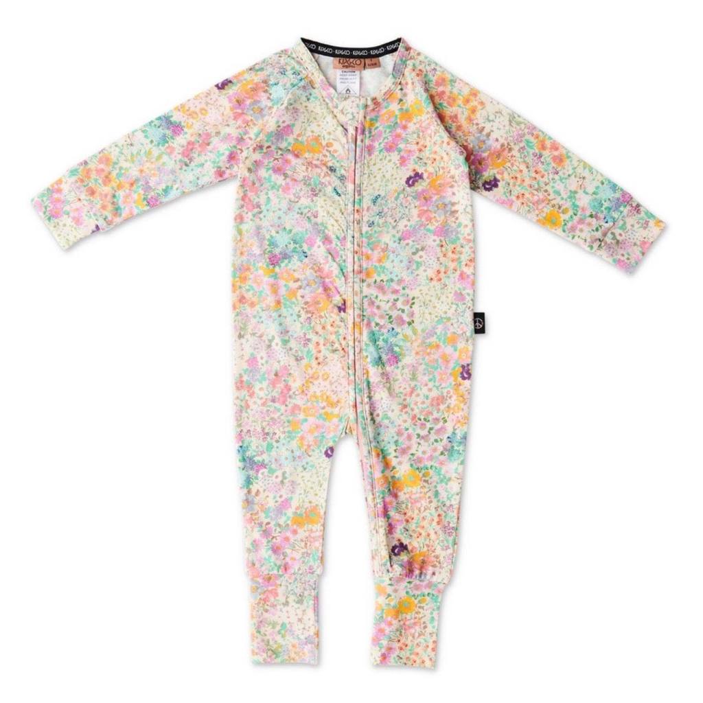 Kip & Co | Little Bit Ditsy Organic Long Sleeve Zip Romper - Cove. Beach Essentials