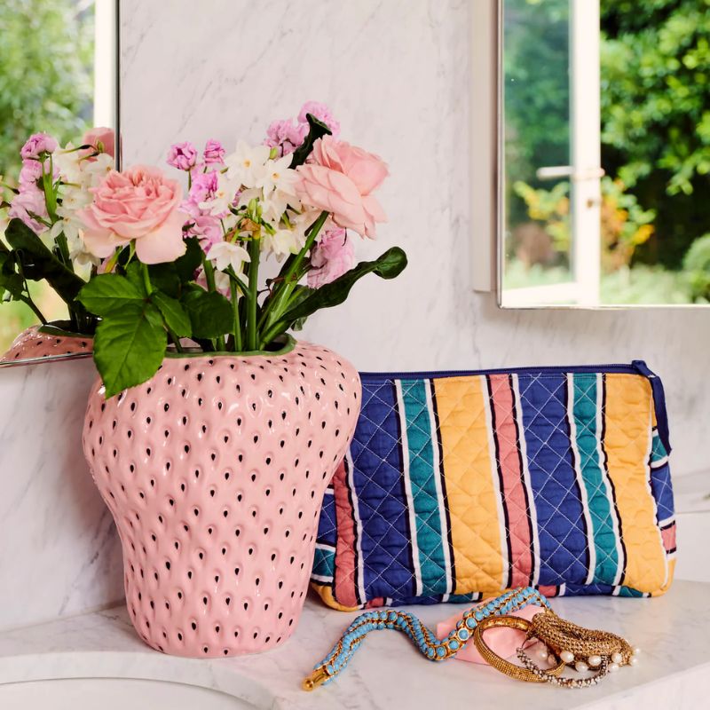 Kip &amp; Co | Pinto Stripe Quilted Cotton Toiletry Purse - Cove. Beach Essentials