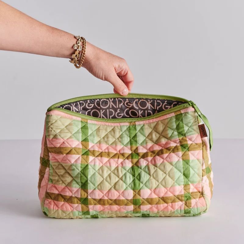 Kip & Co | Pistachio Tartan Quilted Cotton Toiletry Purse - Cove. Beach Essentials