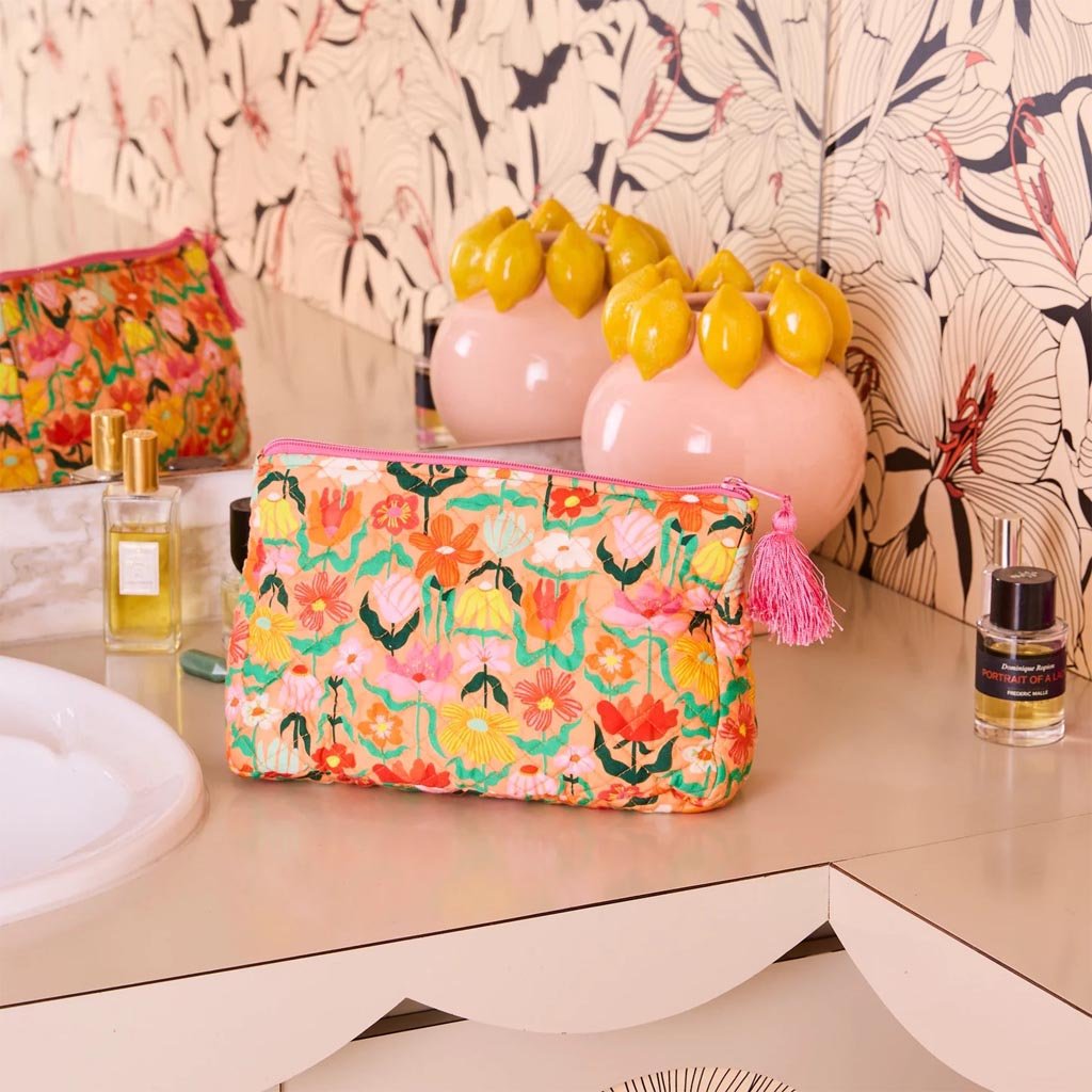 Kip & Co | Popping Flowers Peach Quilted Toiletry Purse - Cove. Beach Essentials